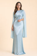Modest Luxe Satin Evening Gown in Aquatic Blue — editorial quiet moment, contemplative pose — modeled without hijab — modest evening fashion for all — Mystic Modesty modest evening dress.