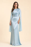 Modest Luxe Satin Evening Gown in Aquatic Blue — full-body front view of the dress — modeled without hijab — modest evening fashion for all — Mystic Modesty modest occasion wear.