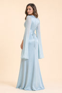 Modest Luxe Satin Evening Gown in Aquatic Blue — three-quarter back angle with gentle over-shoulder glance — modeled without hijab — modest evening fashion for all — Mystic Modesty modest formal wear for women.