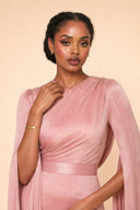 Modest Luxe Satin Evening Gown in Blush Pink — close-up of bodice, neckline, and upper styling detail — modeled without hijab — modest evening fashion for all — Mystic Modesty premium modest dress UK.