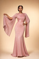 Modest Luxe Satin Evening Gown in Blush Pink — editorial campaign power pose, cinematic hero shot — modeled without hijab — modest evening fashion for all — Mystic Modesty modest fashion UK.