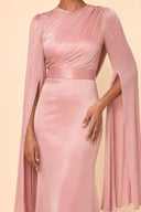 Modest Luxe Satin Evening Gown in Blush Pink — mid-body view showing waist construction and elegant jewelry detail — modeled without hijab — modest evening fashion for all — Mystic Modesty modest occasion gown.