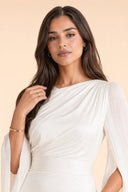 Modest Luxe Satin Evening Gown in Ivory White — close-up of bodice, neckline, and upper styling detail — modeled without hijab — modest evening fashion for all — Mystic Modesty premium modest dress UK.