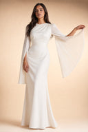 Modest Luxe Satin Evening Gown in Ivory White — editorial campaign power pose, cinematic hero shot — modeled without hijab — modest evening fashion for all — Mystic Modesty modest fashion UK.