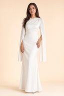 Modest Luxe Satin Evening Gown in Ivory White — full-body front view of the dress — modeled without hijab — modest evening fashion for all — Mystic Modesty modest occasion wear.