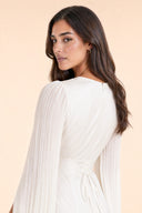 Modest Luxe Satin Evening Gown in Ivory White — over-shoulder back profile portrait, intimate editorial close-up — modeled without hijab — modest evening fashion for all — Mystic Modesty premium hijab fashion brand.