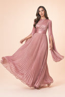 Modest Pleated Satin Gown in Dusty Rose — captured in natural stride showing fabric flow and movement — modeled without hijab — modest evening fashion for all — Mystic Modesty modest evening fashion.