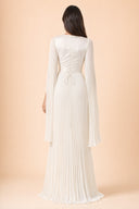 Modest Pleated Satin Gown in Ivory White — full-body back view of the dress — modeled without hijab — modest evening fashion for all — Mystic Modesty hijab fashion modest gown.