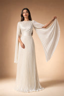 Modest Pleated Satin Gown in Ivory White — editorial campaign power pose, cinematic hero shot — modeled without hijab — modest evening fashion for all — Mystic Modesty modest fashion UK.