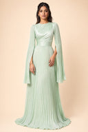 Modest Pleated Satin Gown in Mint Green — full-body front view of the dress — modeled without hijab — modest evening fashion for all — Mystic Modesty modest occasion wear.