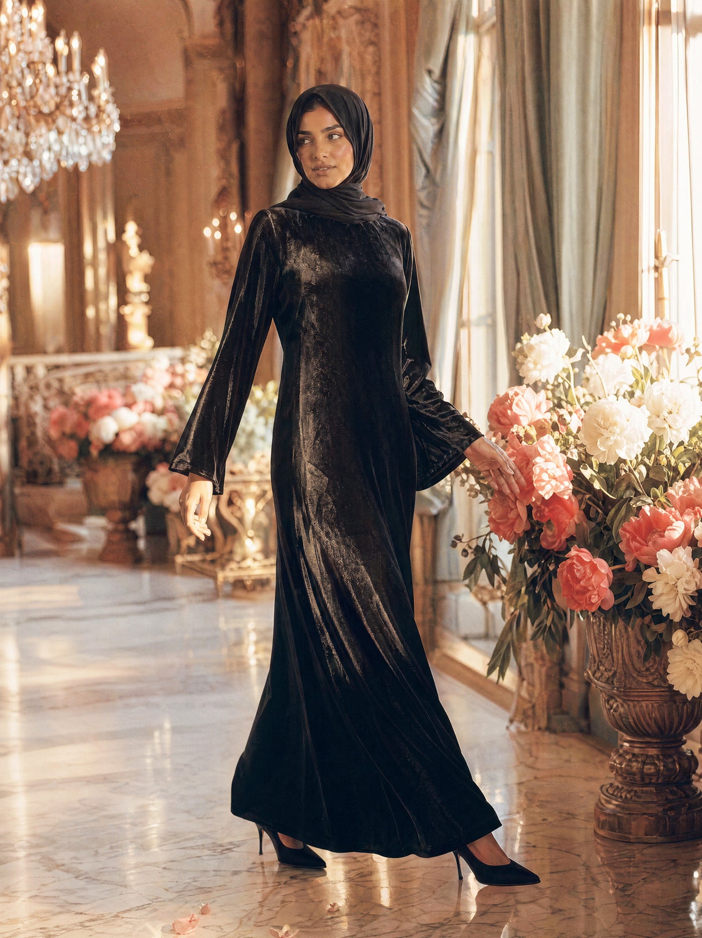 Mystic Modesty SS26— Camille Black velvet gown, sunlit palatial conservatory with rose-gold chandelier and white peonies, modest evening wear, Vogue editorial film aesthetic