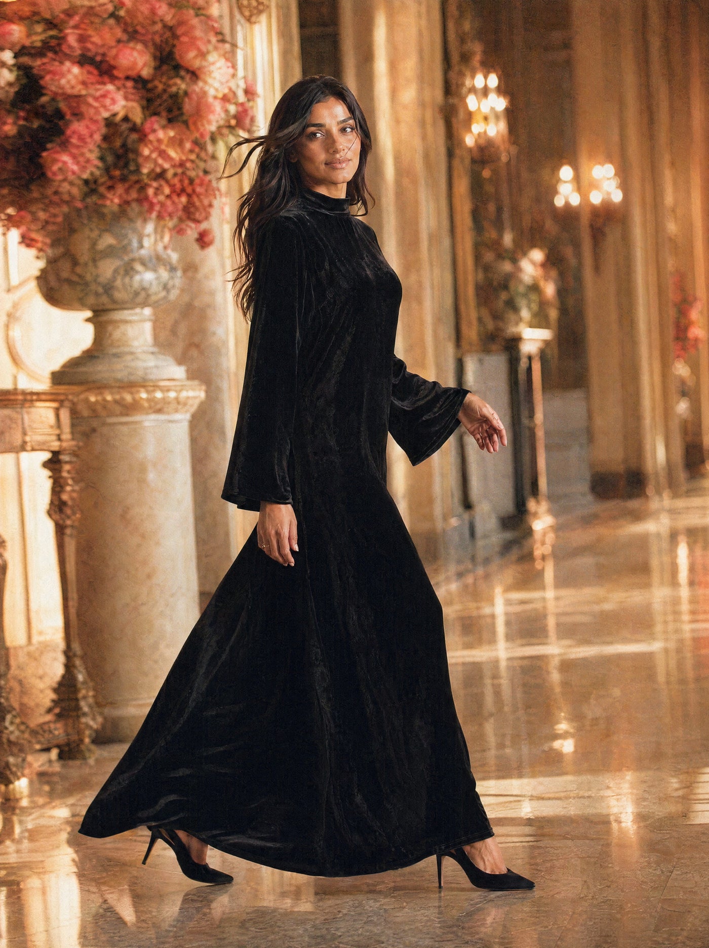 Mystic Modesty SS26— Camille Black velvet gown, sunlit palatial corridor mid-stride with rose-gold sconces, modest evening wear, Vogue editorial film aesthetic
