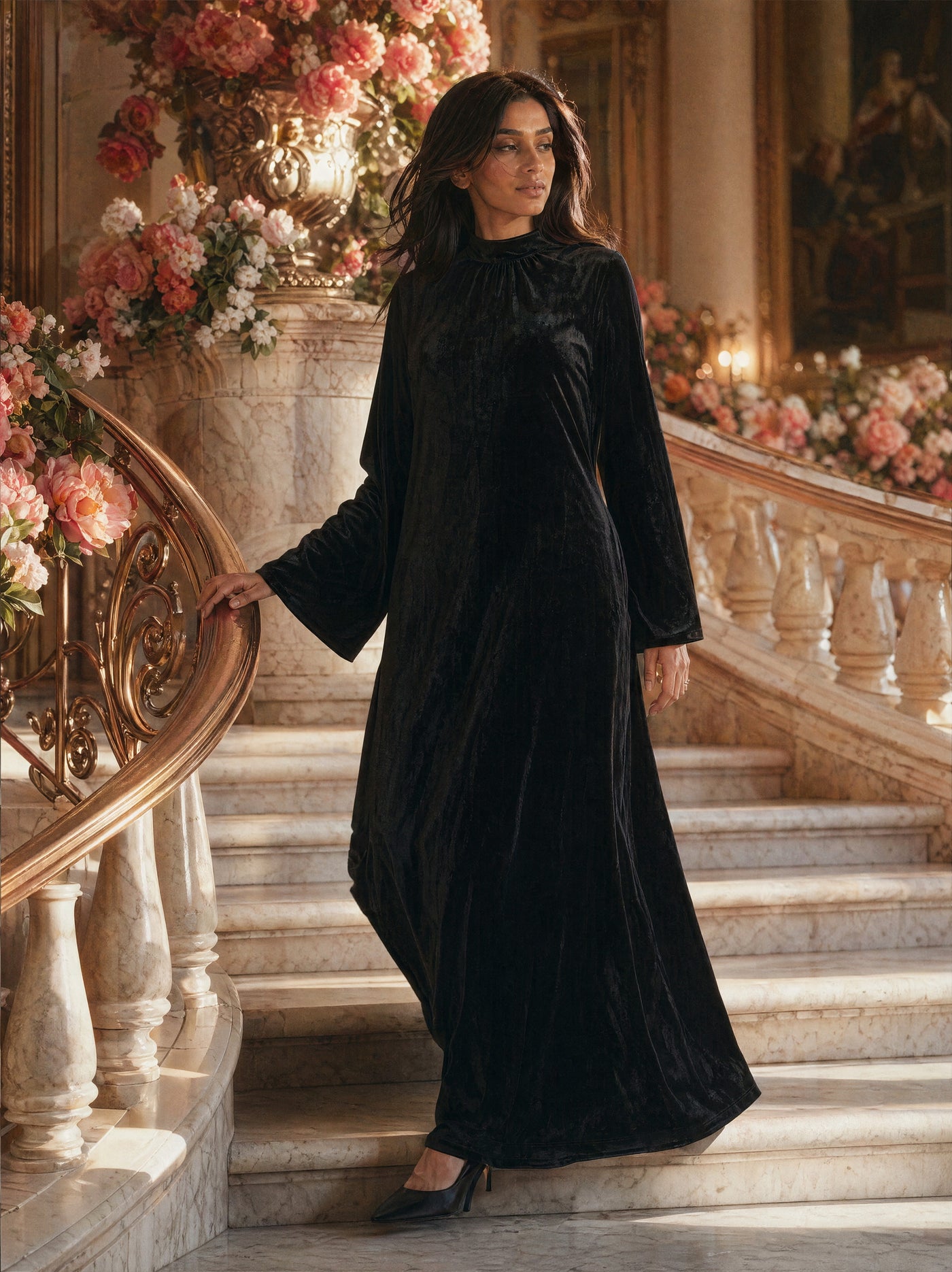 Mystic Modesty SS26— Camille Black velvet gown, Mediterranean marble staircase at golden hour with cascading coral peonies, modest evening wear, Vogue editorial film aesthetic