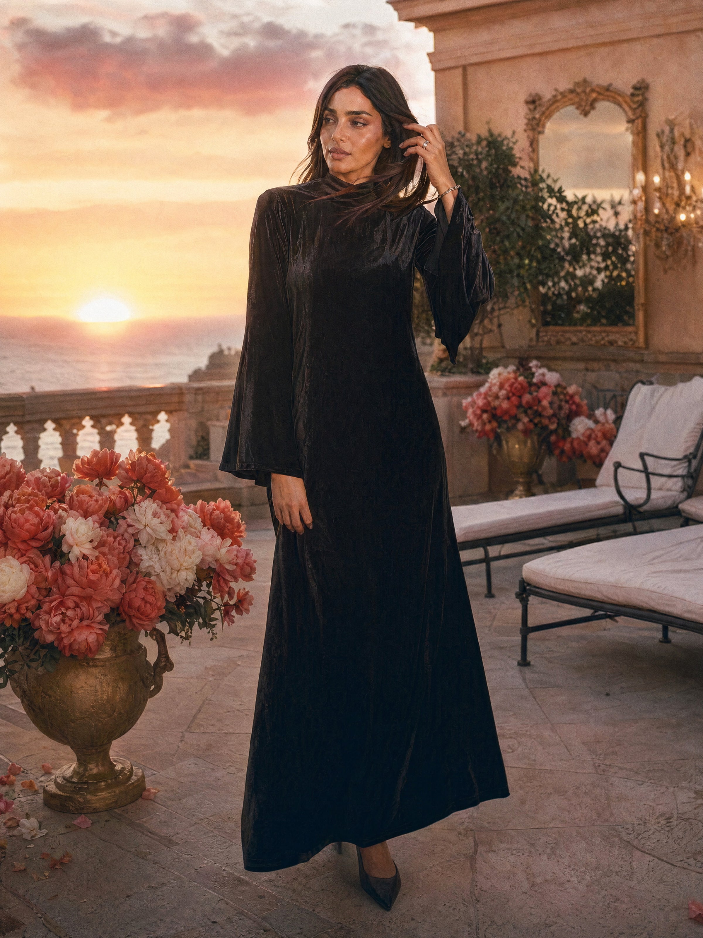 Mystic Modesty SS26— Camille Black velvet gown, Mediterranean rooftop terrace at warm sunset with sea horizon, modest evening wear, Vogue editorial film aesthetic