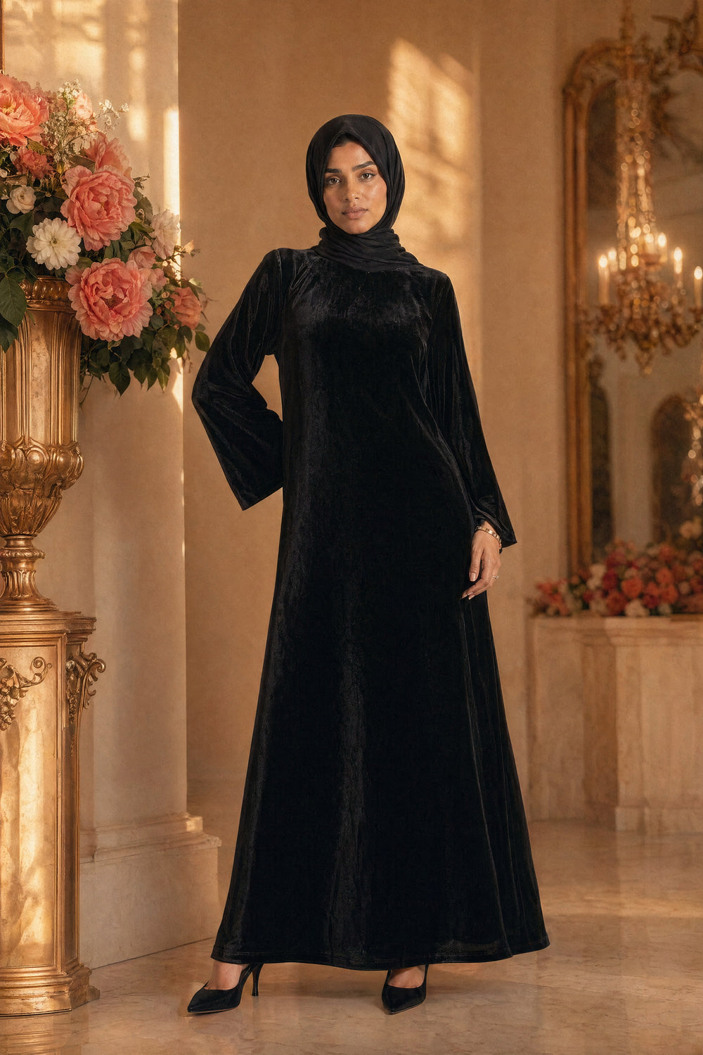 Mystic Modesty SS26— Camille Black velvet gown, studio portrait against cream backdrop with coral peonies, modest evening wear, Vogue editorial film aesthetic