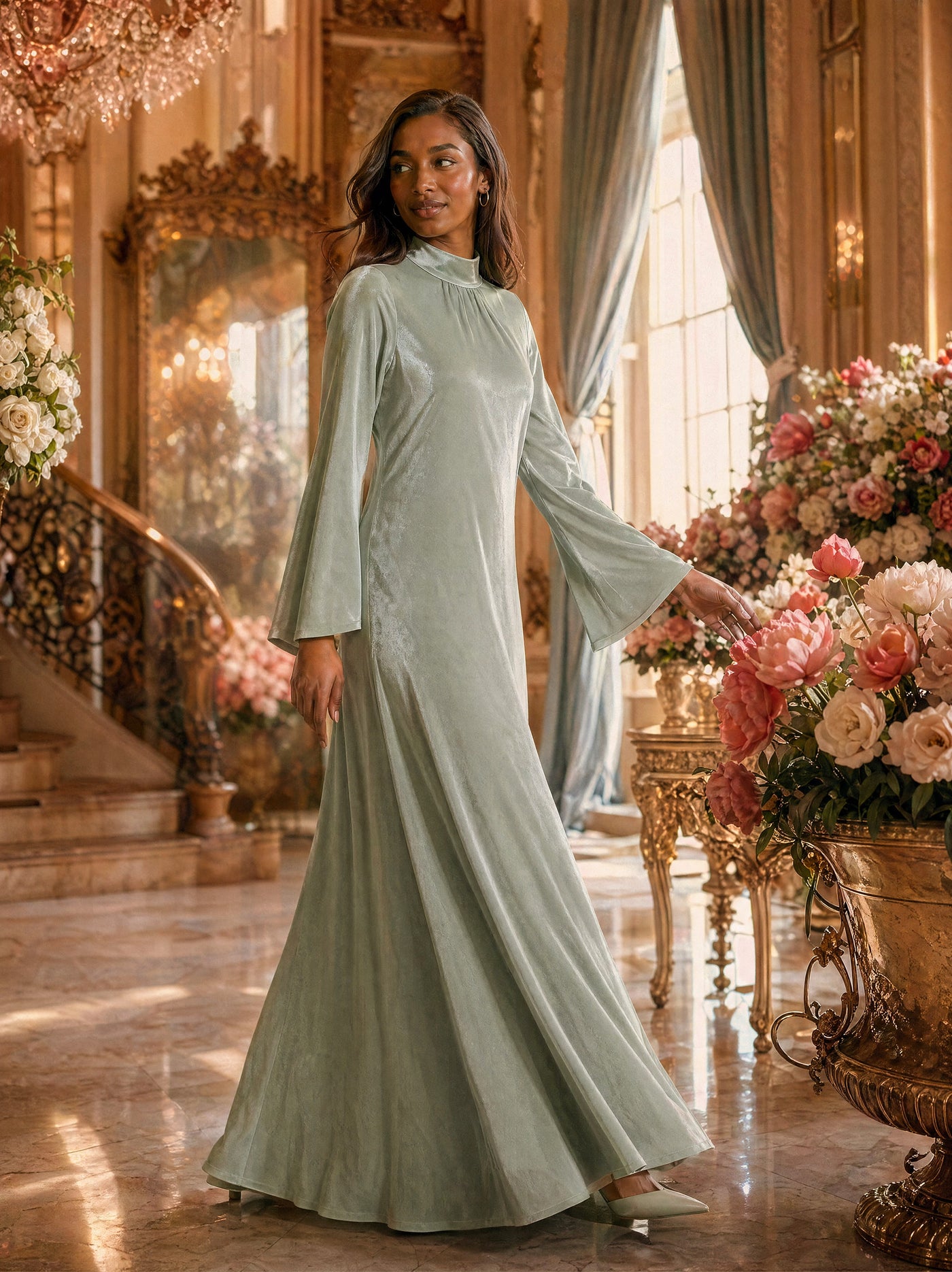 Mystic Modesty SS26— Camille Forest Green velvet gown, sunlit palatial conservatory with rose-gold chandelier and white peonies, modest evening wear, Vogue editorial film aesthetic