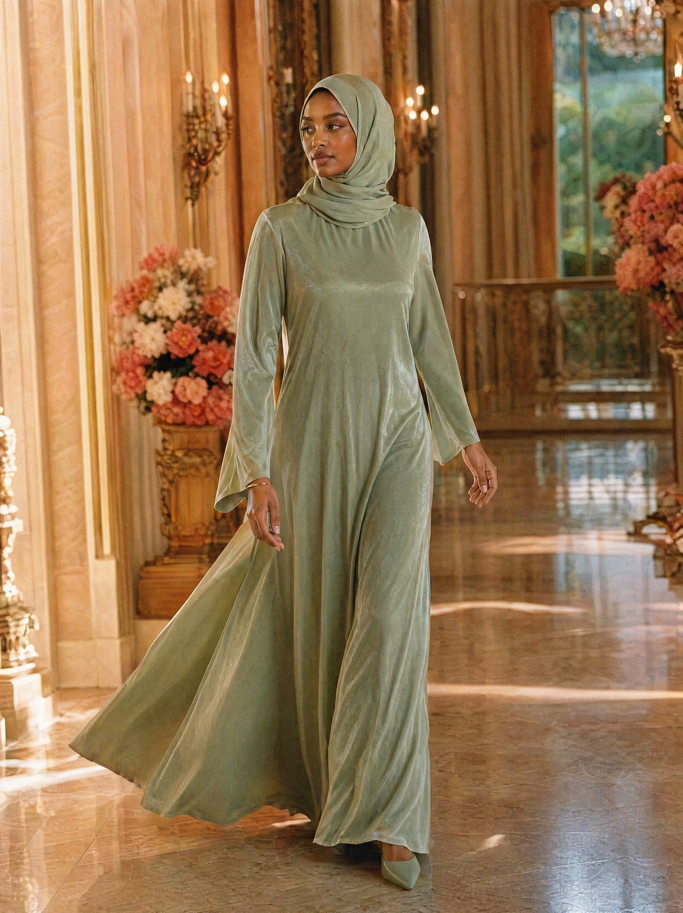 Mystic Modesty SS26— Camille Forest Green velvet gown, sunlit palatial corridor mid-stride with rose-gold sconces, modest evening wear, Vogue editorial film aesthetic
