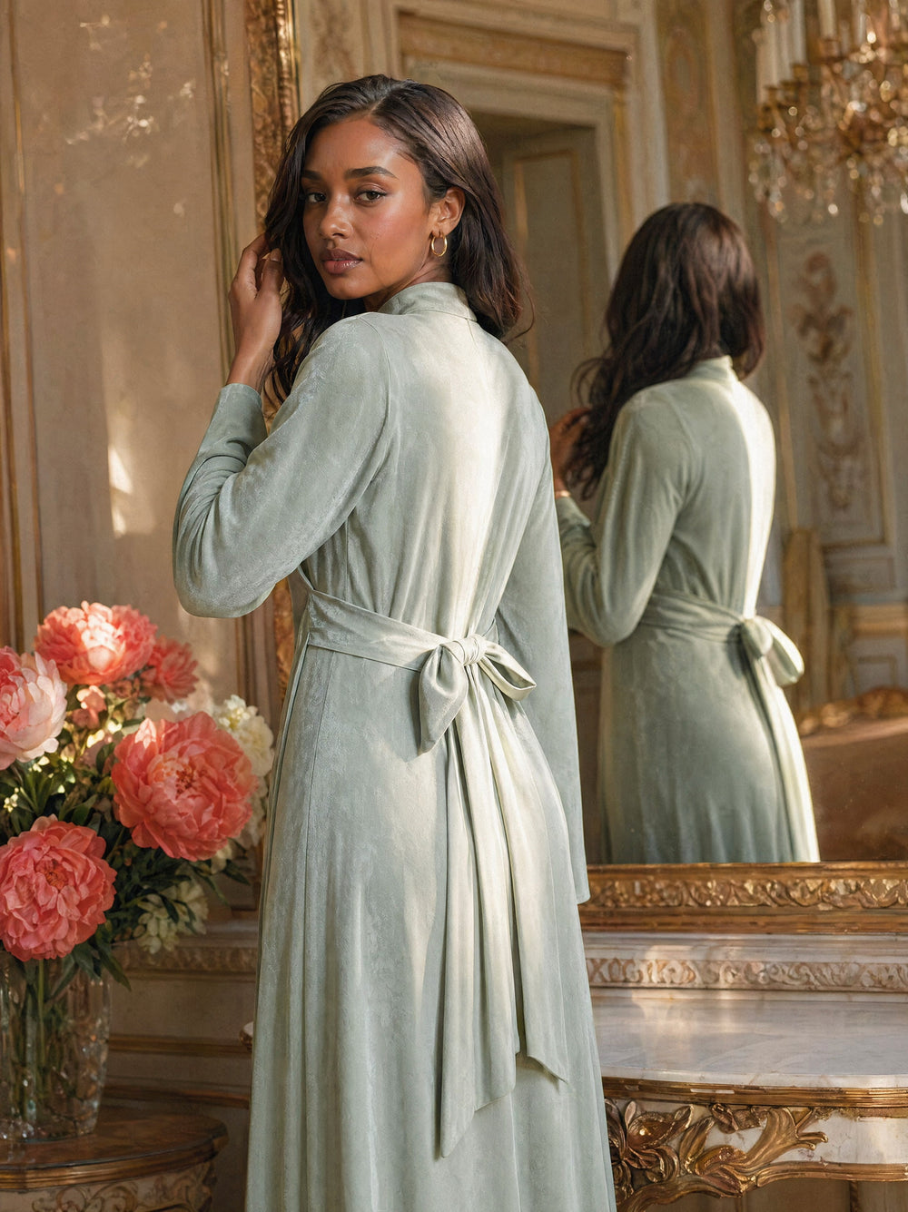 Mystic Modesty SS26— Camille Forest Green velvet gown, intimate dressing-room moment with gilded mirror reflection, modest evening wear, Vogue editorial film aesthetic