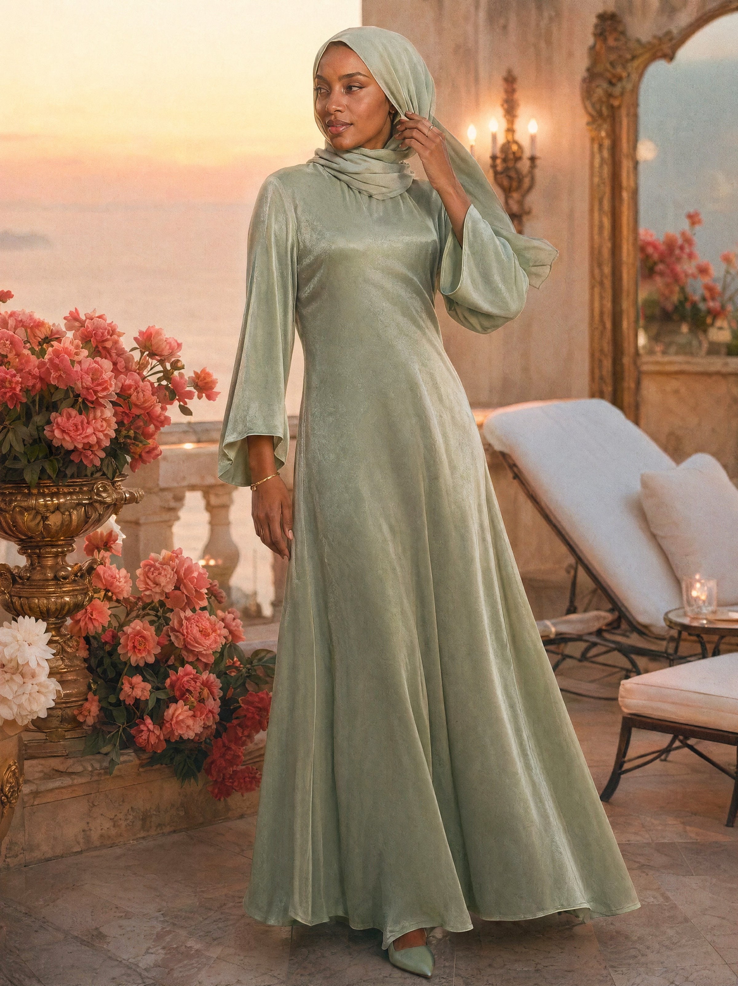 Mystic Modesty SS26— Camille Forest Green velvet gown, Mediterranean rooftop terrace at warm sunset with sea horizon, modest evening wear, Vogue editorial film aesthetic