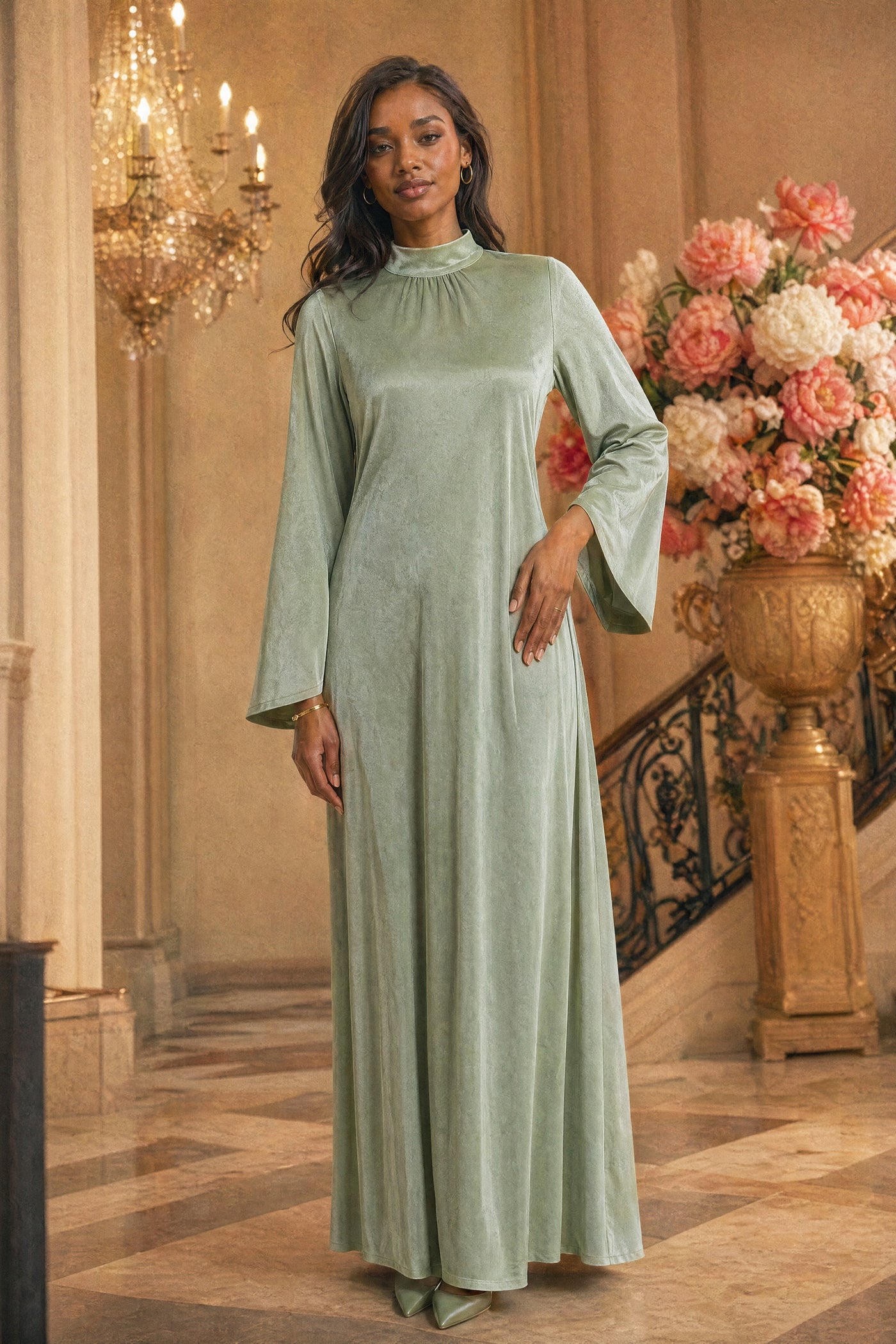 Mystic Modesty SS26— Camille Forest Green velvet gown, studio portrait against cream backdrop with coral peonies, modest evening wear, Vogue editorial film aesthetic