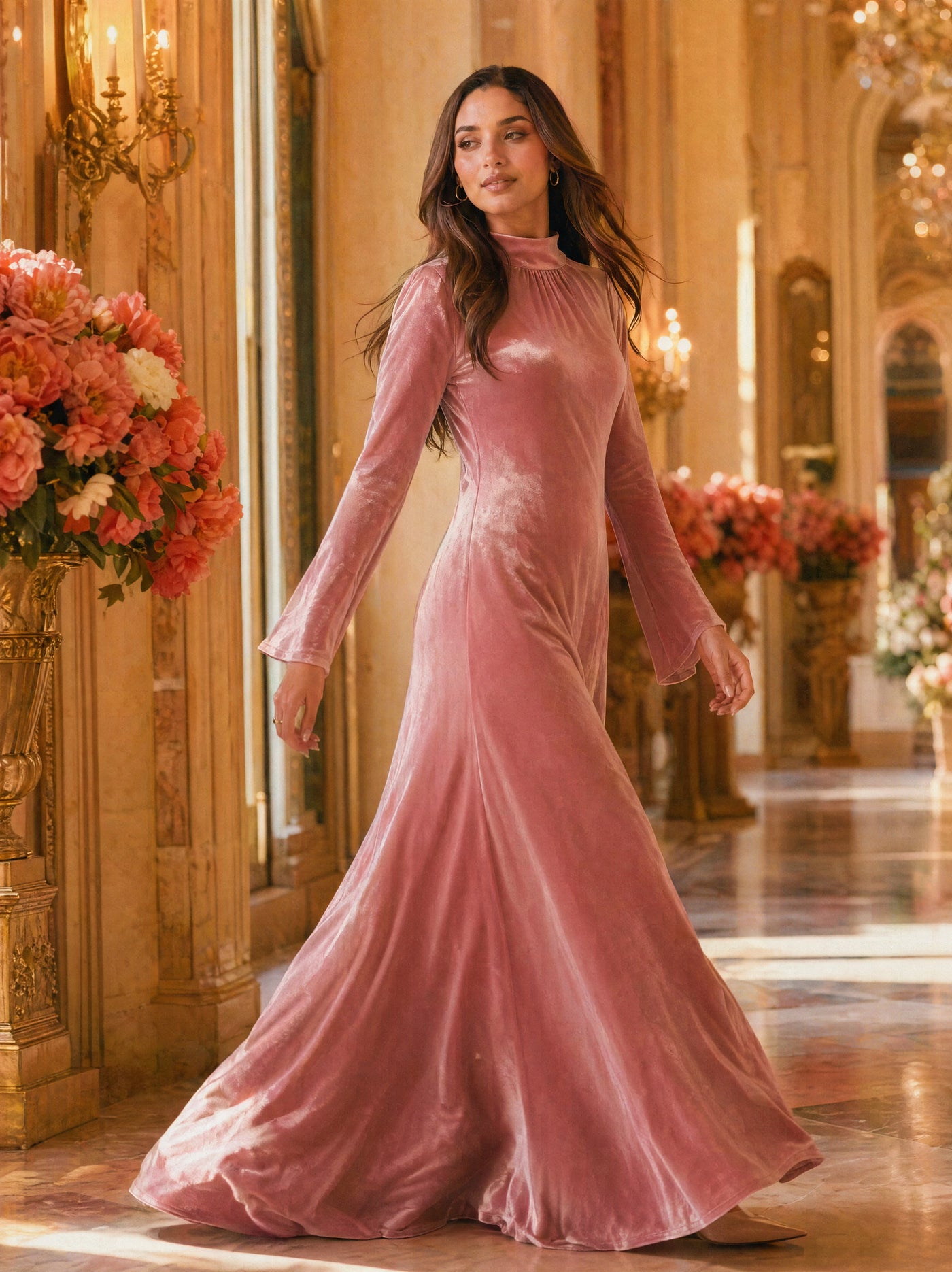 Mystic Modesty SS26— Camille Rose Pink velvet gown, sunlit palatial corridor mid-stride with rose-gold sconces, modest evening wear, Vogue editorial film aesthetic