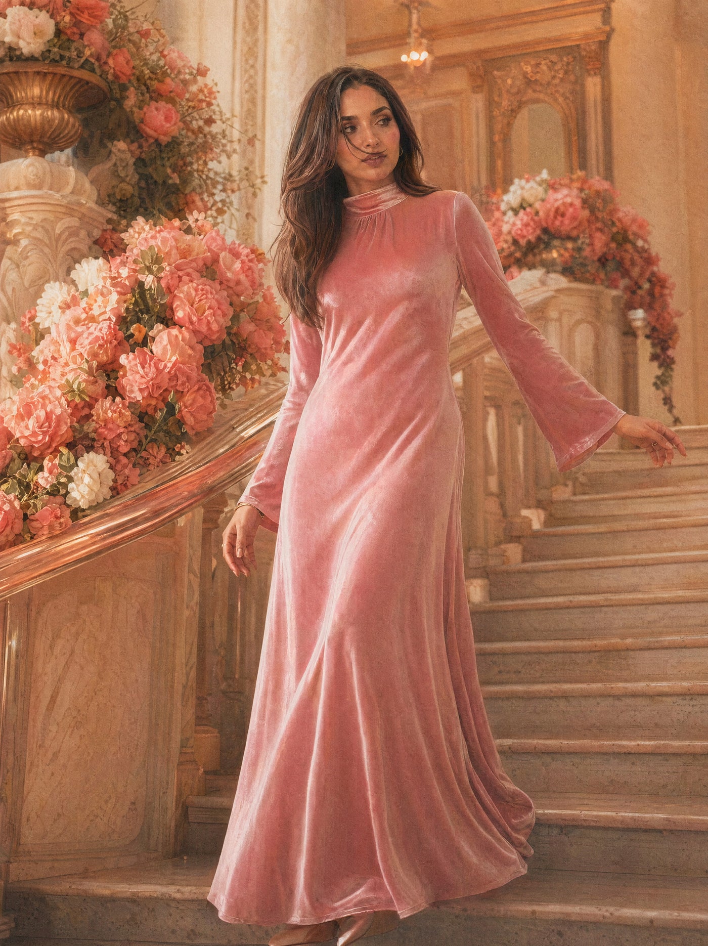 Mystic Modesty SS26— Camille Rose Pink velvet gown, Mediterranean marble staircase at golden hour with cascading coral peonies, modest evening wear, Vogue editorial film aesthetic