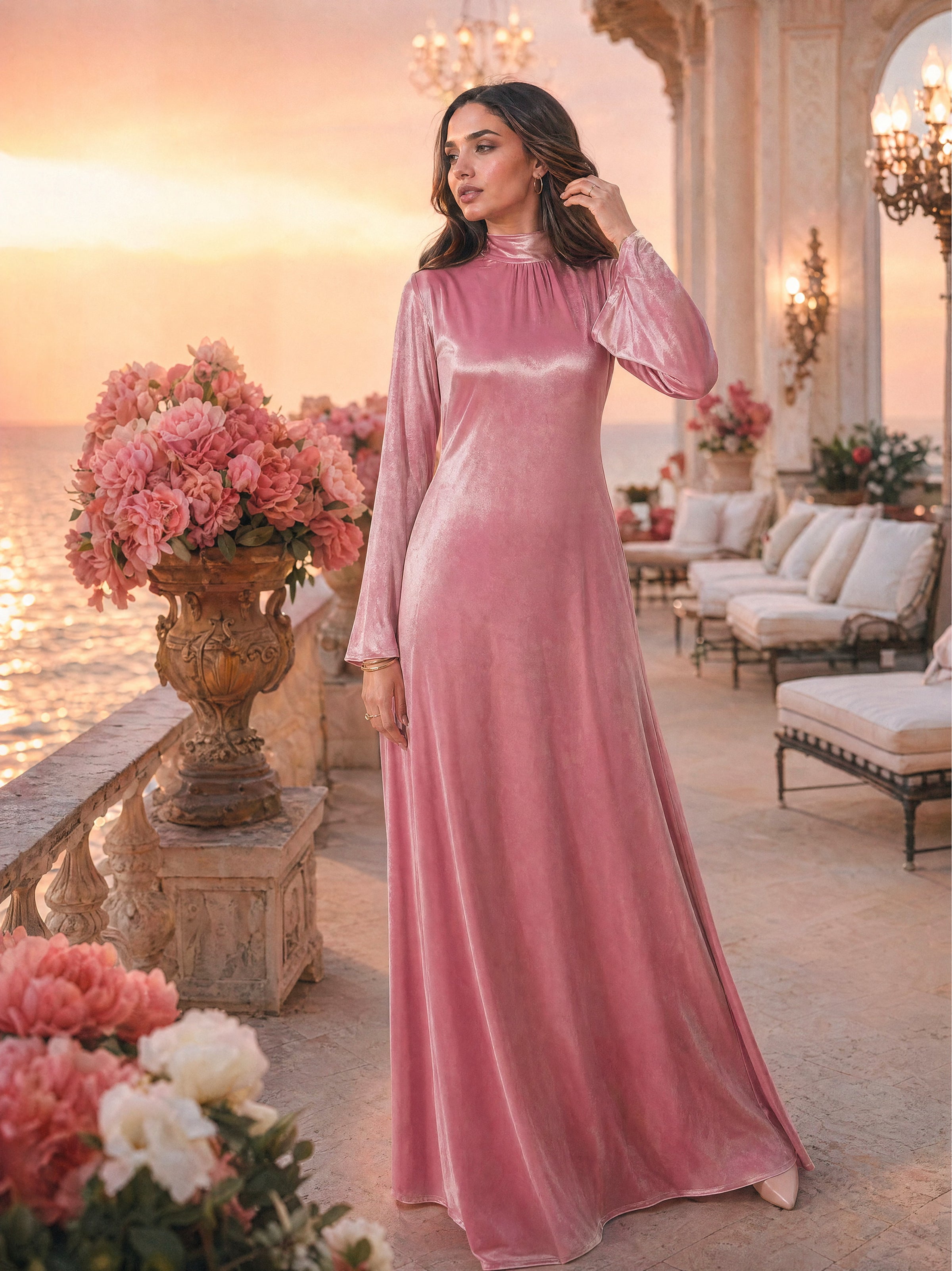 Mystic Modesty SS26— Camille Rose Pink velvet gown, Mediterranean rooftop terrace at warm sunset with sea horizon, modest evening wear, Vogue editorial film aesthetic