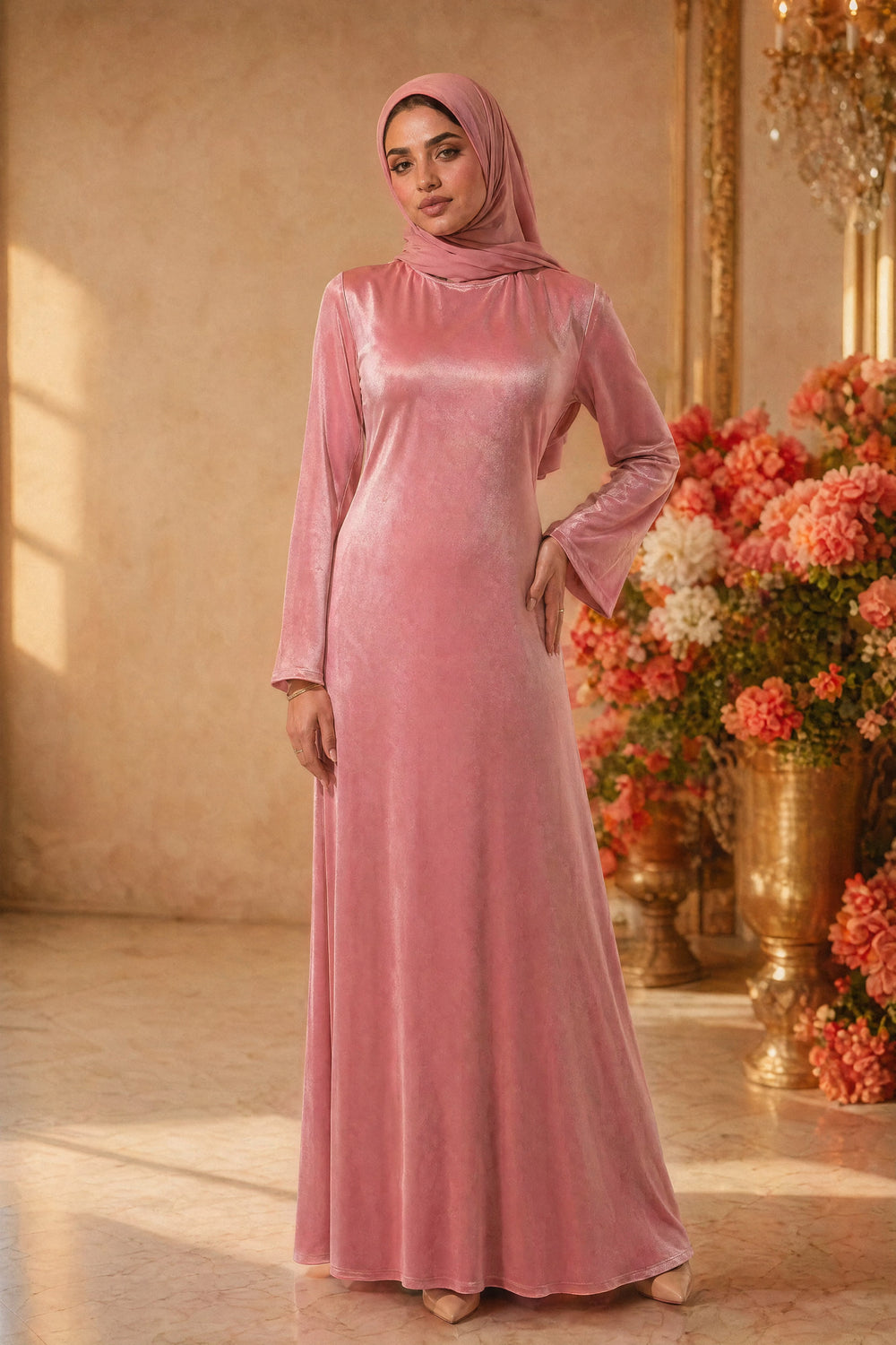 Mystic Modesty SS26— Camille Rose Pink velvet gown, studio portrait against cream backdrop with coral peonies, modest evening wear, Vogue editorial film aesthetic