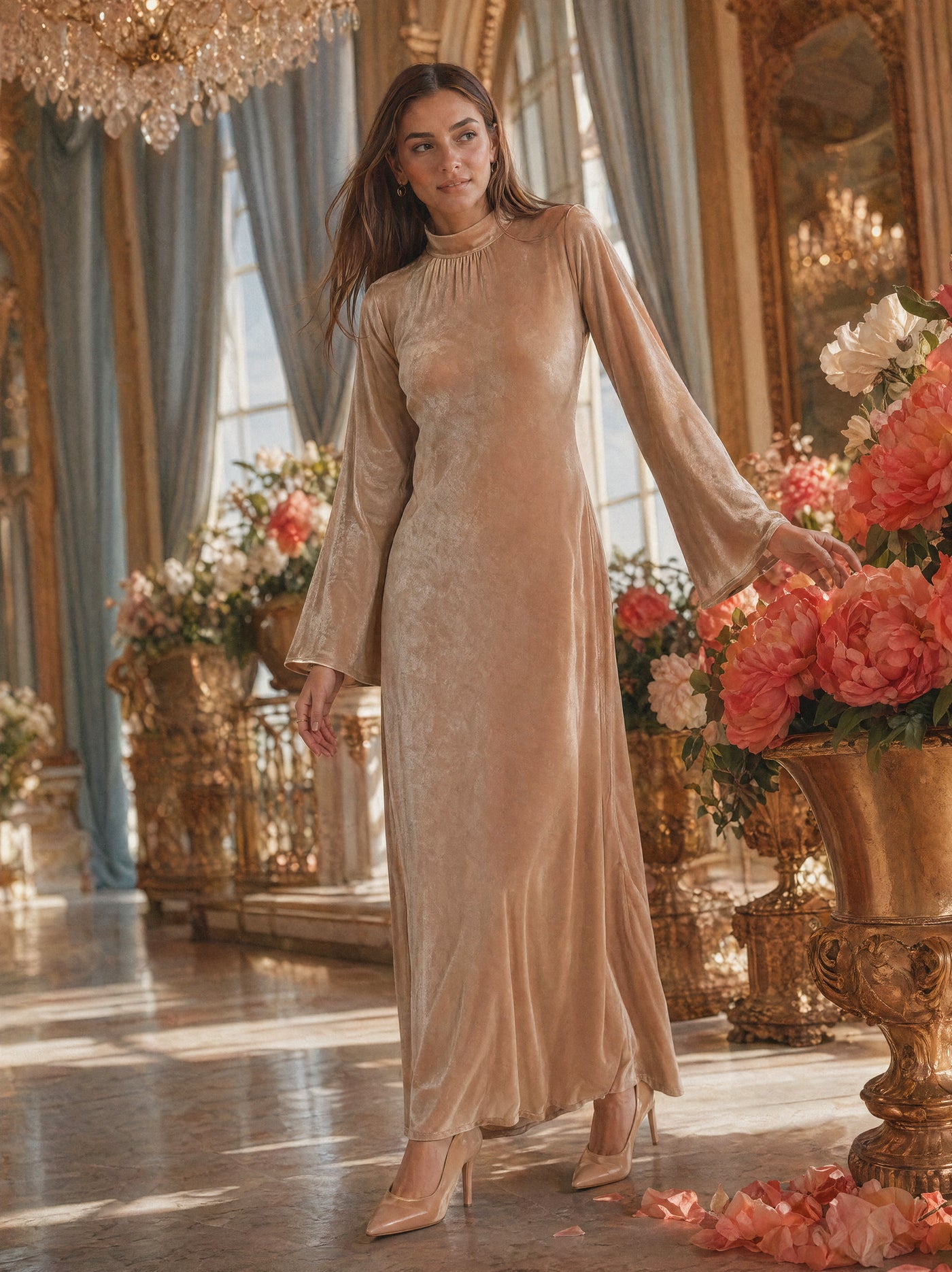 Mystic Modesty SS26— Camille Warm Beige velvet gown, sunlit palatial conservatory with rose-gold chandelier and white peonies, modest evening wear, Vogue editorial film aesthetic