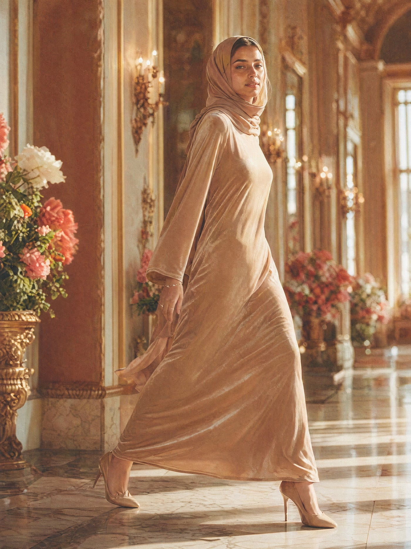 Mystic Modesty SS26— Camille Warm Beige velvet gown, sunlit palatial corridor mid-stride with rose-gold sconces, modest evening wear, Vogue editorial film aesthetic