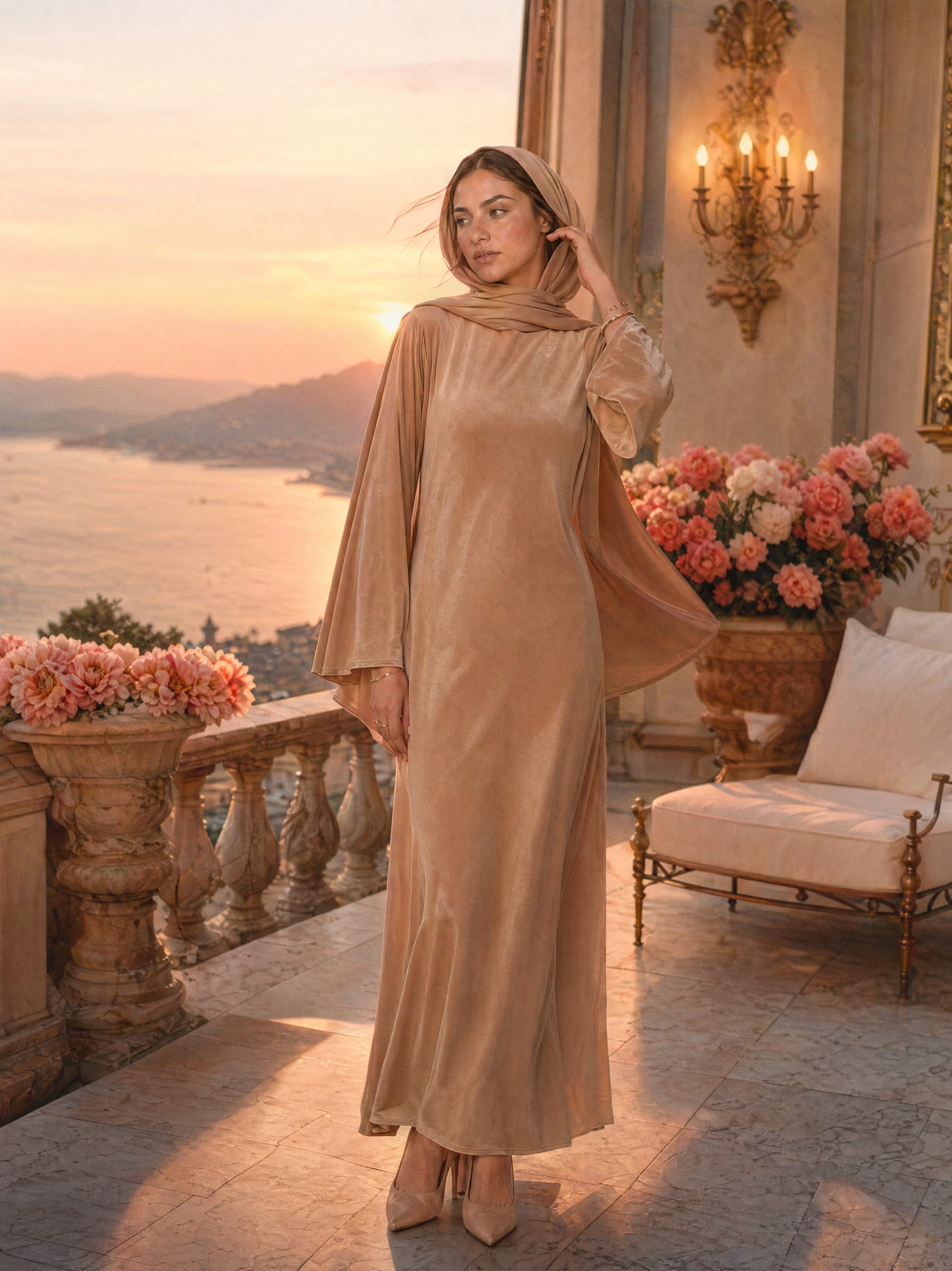 Mystic Modesty SS26— Camille Warm Beige velvet gown, Mediterranean rooftop terrace at warm sunset with sea horizon, modest evening wear, Vogue editorial film aesthetic