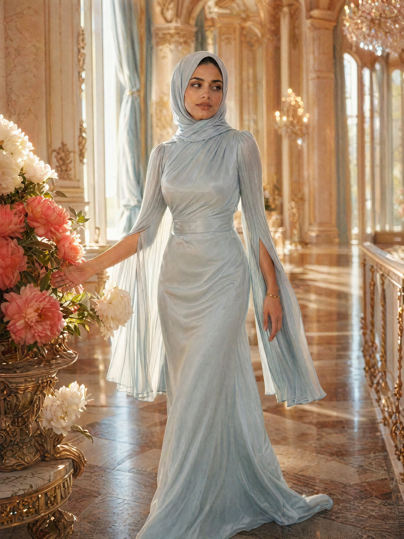 Mystic Modesty SS26— Mariya Aquatic Blue smooth satin, sunlit palatial conservatory with rose-gold chandelier and white peonies, modest evening wear, Vogue editorial film aesthetic