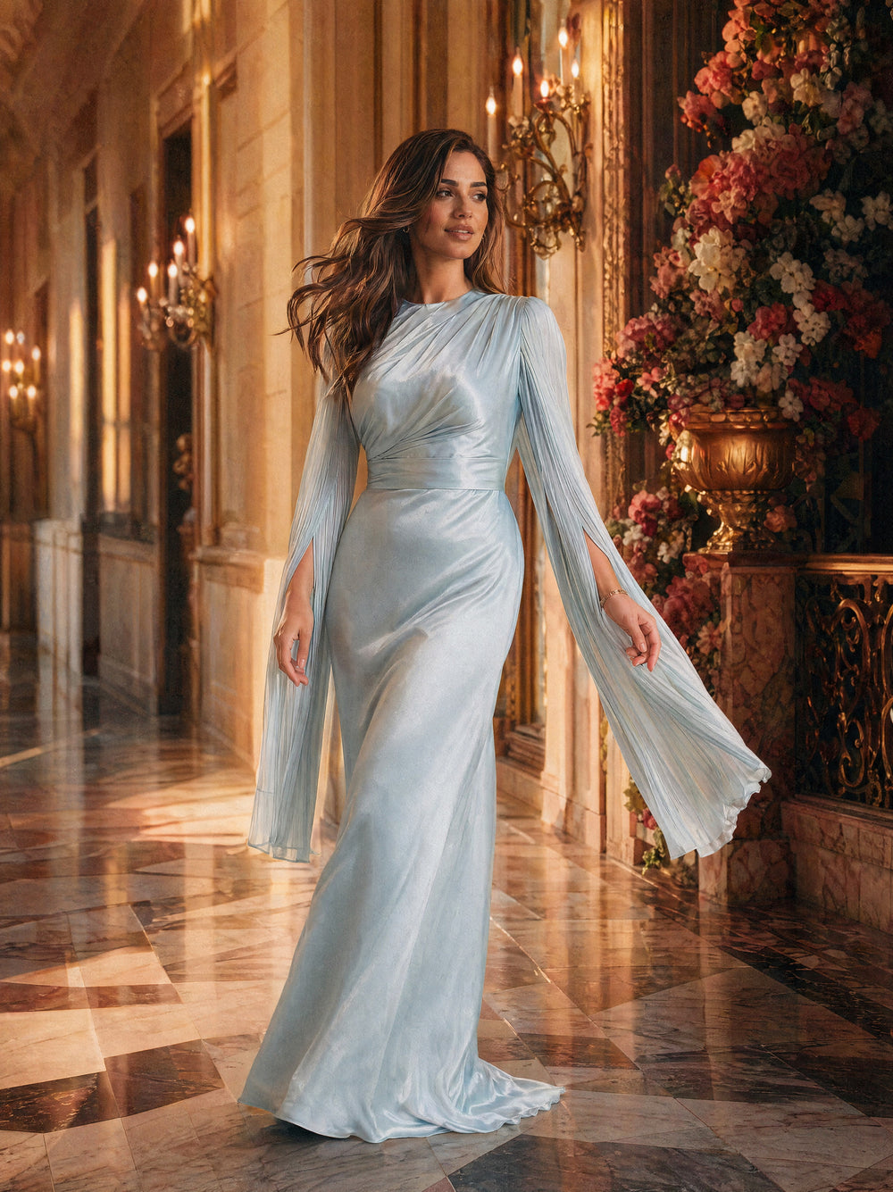 Mystic Modesty SS26— Mariya Aquatic Blue smooth satin, sunlit palatial corridor mid-stride with rose-gold sconces, modest evening wear, Vogue editorial film aesthetic
