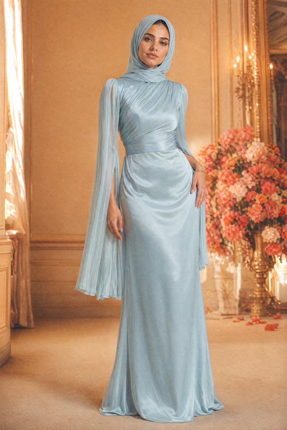 Mystic Modesty SS26— Mariya Aquatic Blue smooth satin, studio portrait against cream backdrop with coral peonies, modest evening wear, Vogue editorial film aesthetic