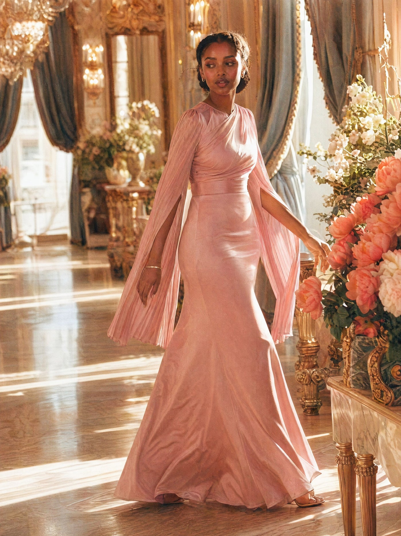 Mystic Modesty SS26— Mariya Blush Pink smooth satin, sunlit palatial conservatory with rose-gold chandelier and white peonies, modest evening wear, Vogue editorial film aesthetic