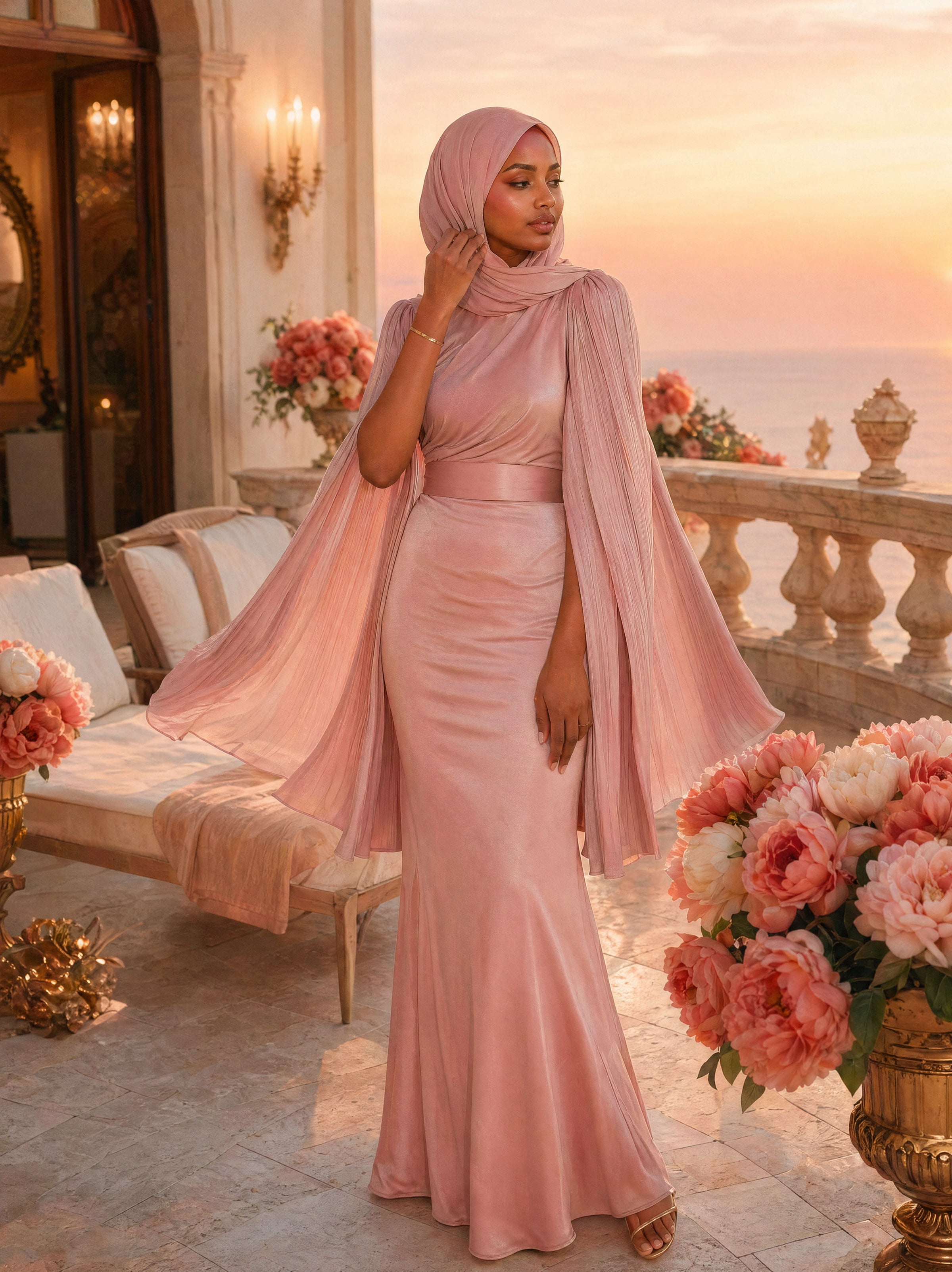 Mystic Modesty SS26— Mariya Blush Pink smooth satin, Mediterranean rooftop terrace at warm sunset with sea horizon, modest evening wear, Vogue editorial film aesthetic
