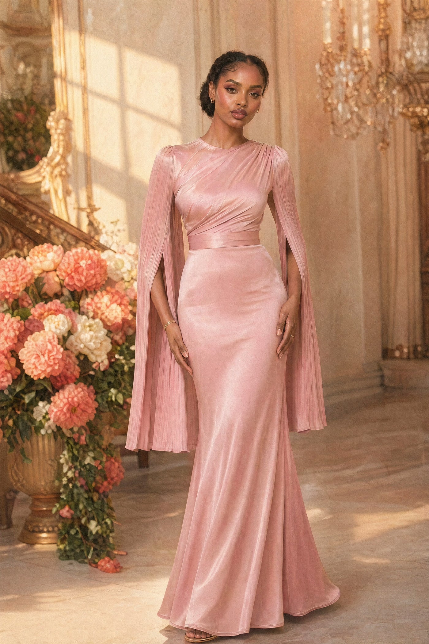 Mystic Modesty SS26— Mariya Blush Pink smooth satin, studio portrait against cream backdrop with coral peonies, modest evening wear, Vogue editorial film aesthetic