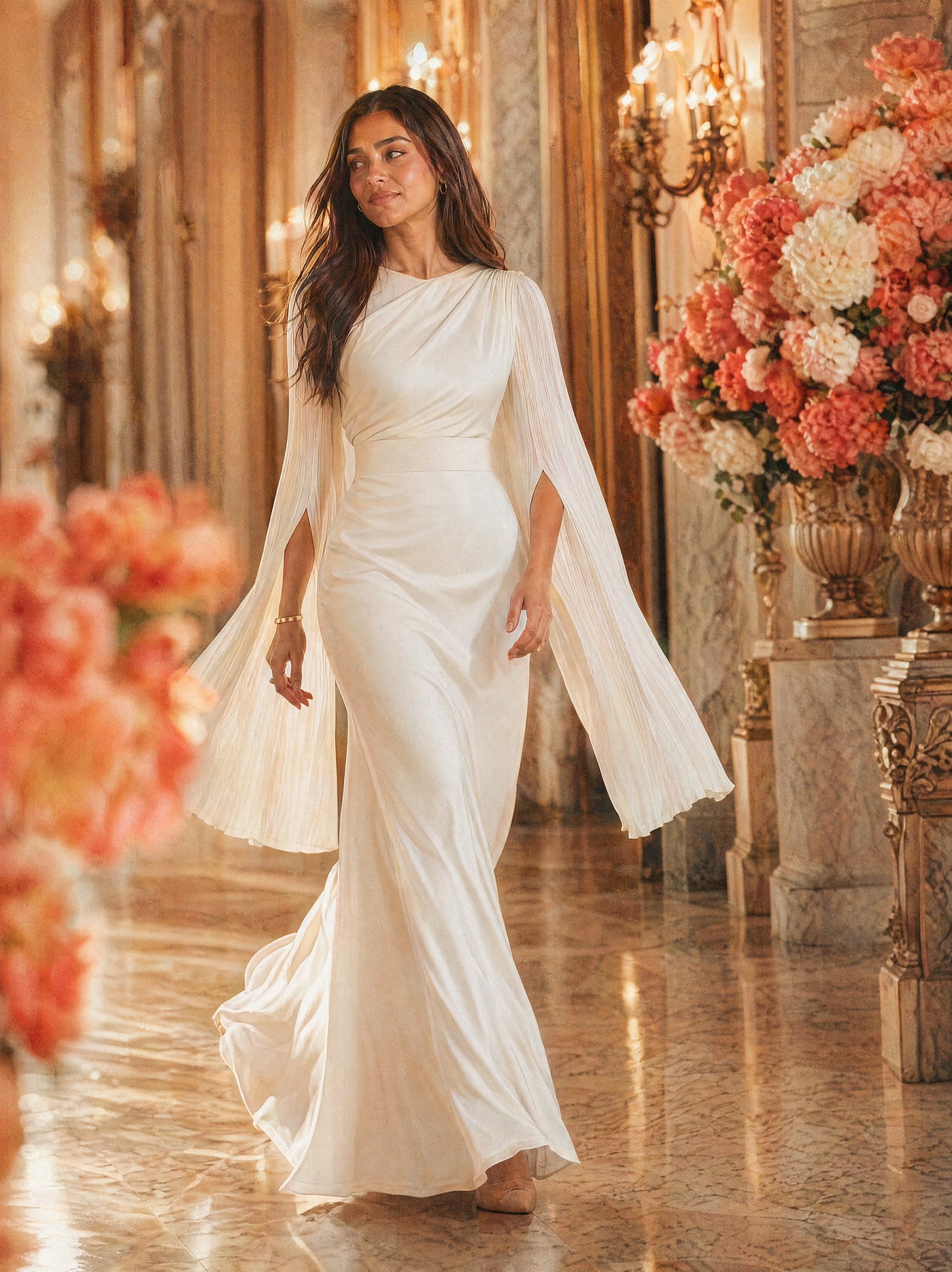 Mystic Modesty SS26— Mariya Ivory smooth satin, sunlit palatial corridor mid-stride with rose-gold sconces, modest evening wear, Vogue editorial film aesthetic