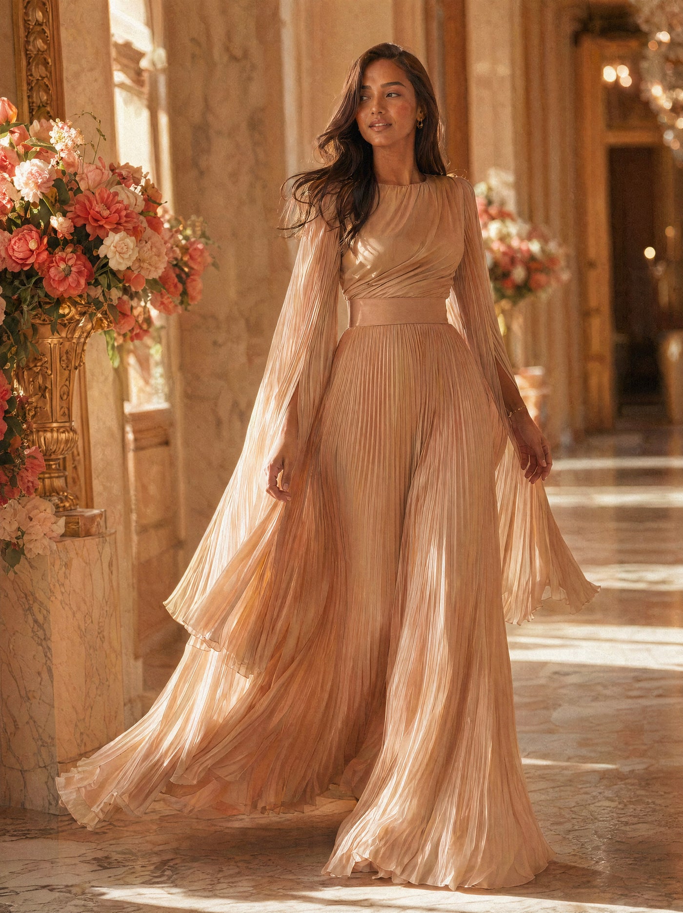 Mystic Modesty SS26— Saffira Champagne pleated satin, sunlit palatial corridor mid-stride with rose-gold sconces, modest evening wear, Vogue editorial film aesthetic