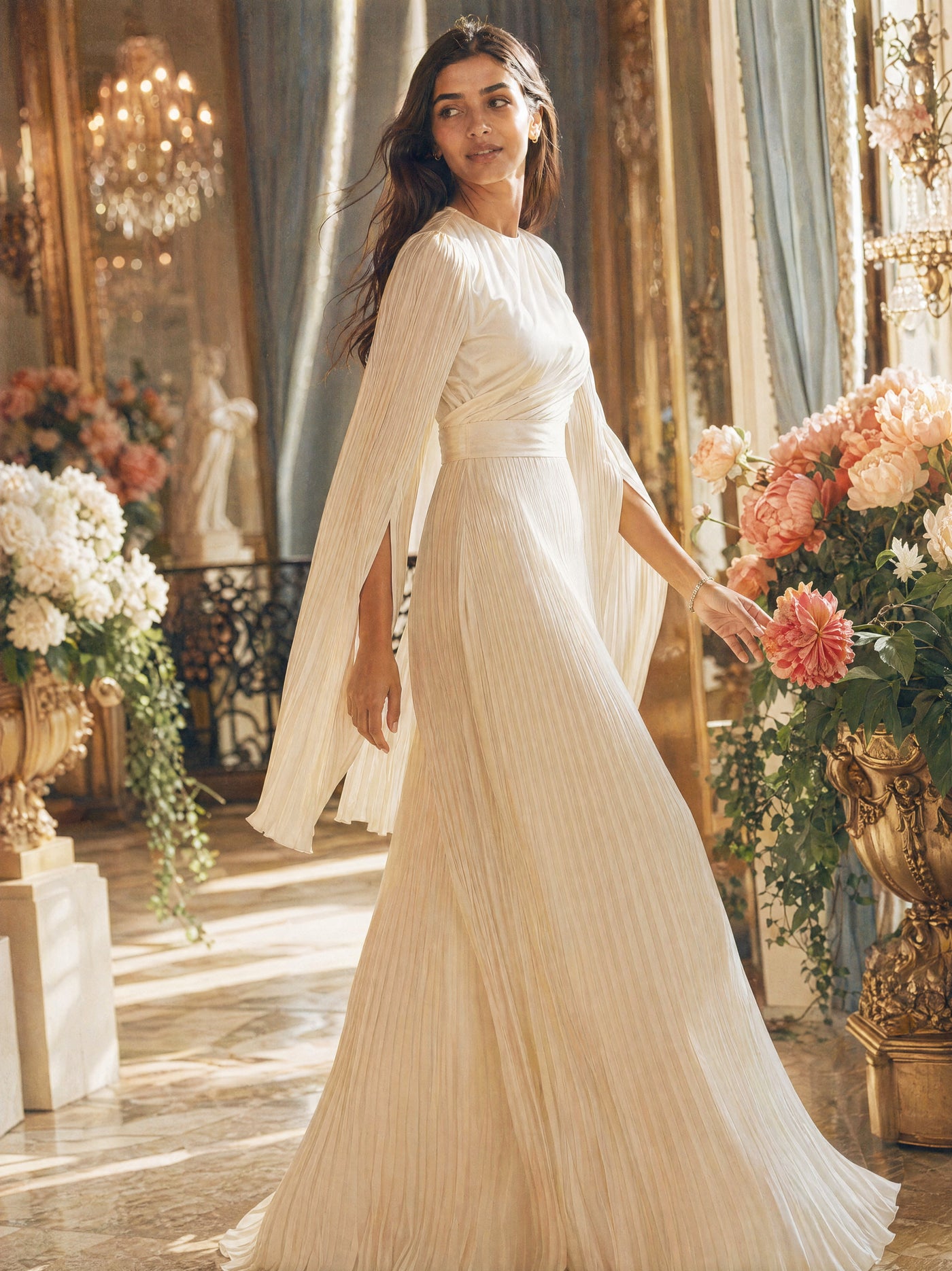 Mystic Modesty SS26— Saffira Ivory pleated satin, sunlit palatial conservatory with rose-gold chandelier and white peonies, modest evening wear, Vogue editorial film aesthetic