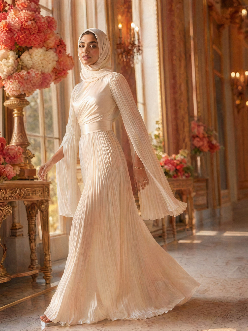 Mystic Modesty SS26— Saffira Ivory pleated satin, sunlit palatial corridor mid-stride with rose-gold sconces, modest evening wear, Vogue editorial film aesthetic