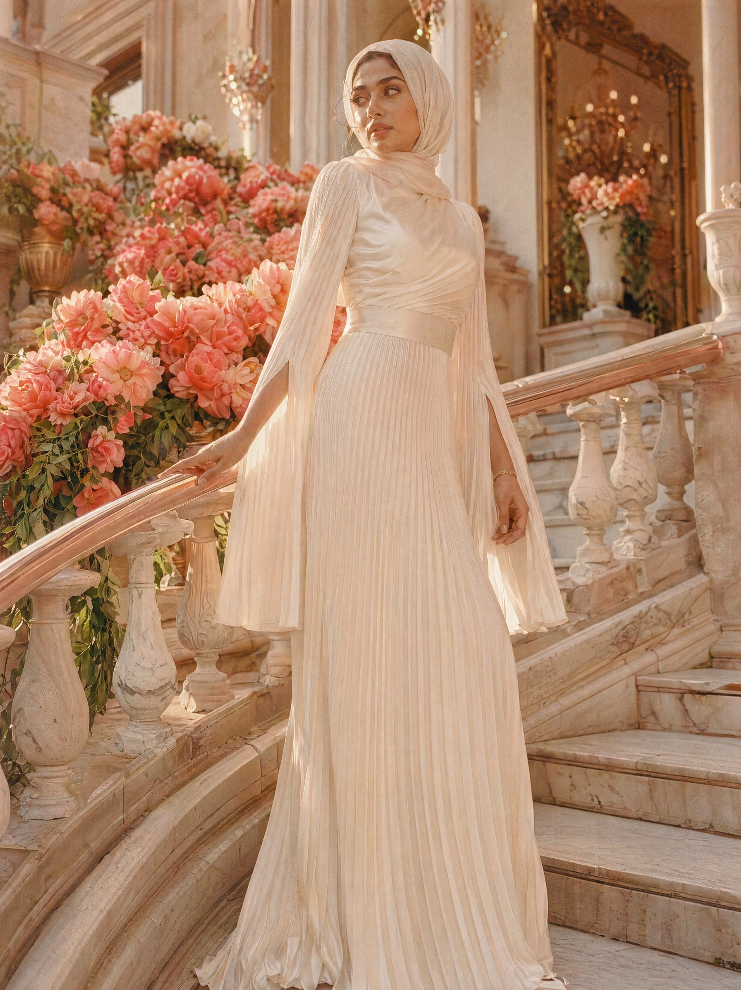Mystic Modesty SS26— Saffira Ivory pleated satin, Mediterranean marble staircase at golden hour with cascading coral peonies, modest evening wear, Vogue editorial film aesthetic