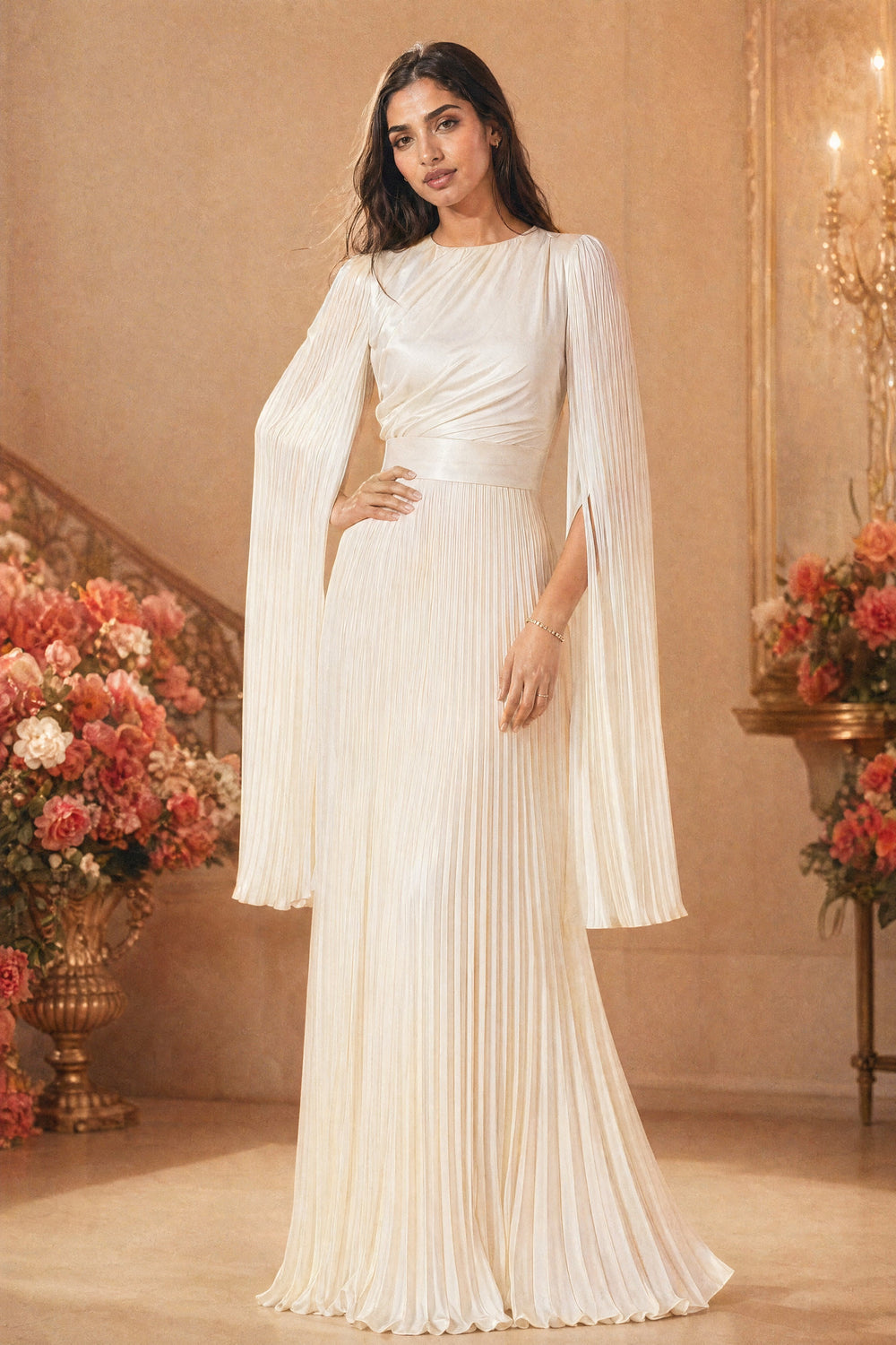 Mystic Modesty SS26— Saffira Ivory pleated satin, studio portrait against cream backdrop with coral peonies, modest evening wear, Vogue editorial film aesthetic