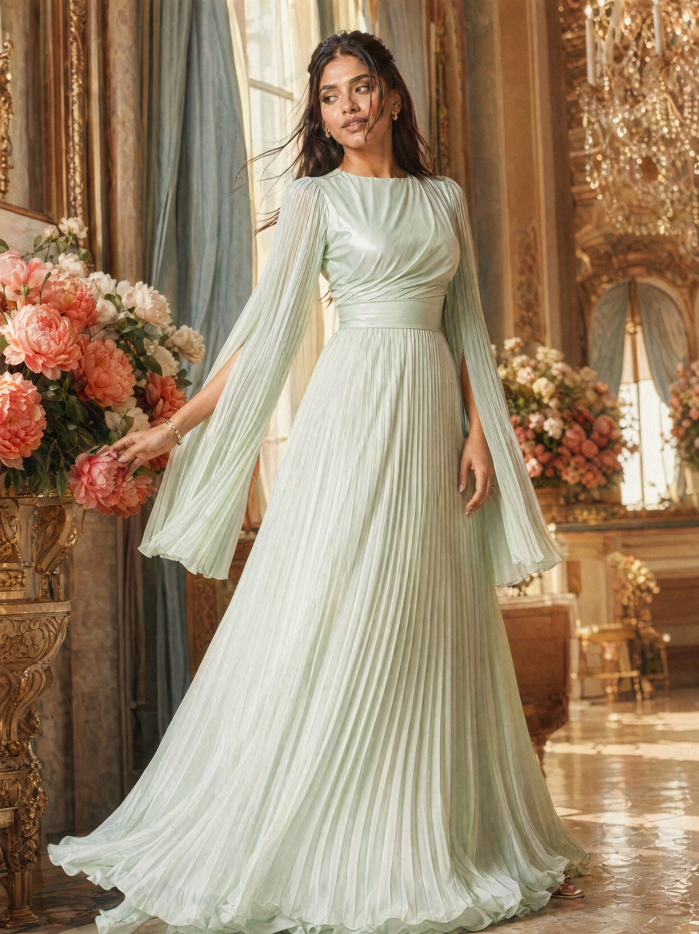 Mystic Modesty SS26— Saffira Mint pleated satin, sunlit palatial conservatory with rose-gold chandelier and white peonies, modest evening wear, Vogue editorial film aesthetic