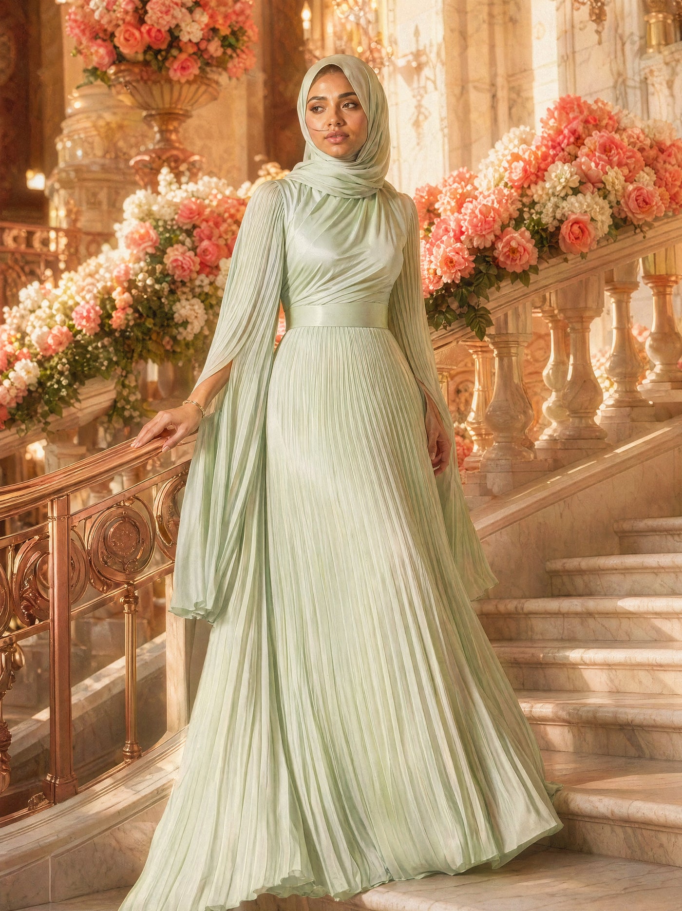Mystic Modesty SS26— Saffira Mint pleated satin, Mediterranean marble staircase at golden hour with cascading coral peonies, modest evening wear, Vogue editorial film aesthetic
