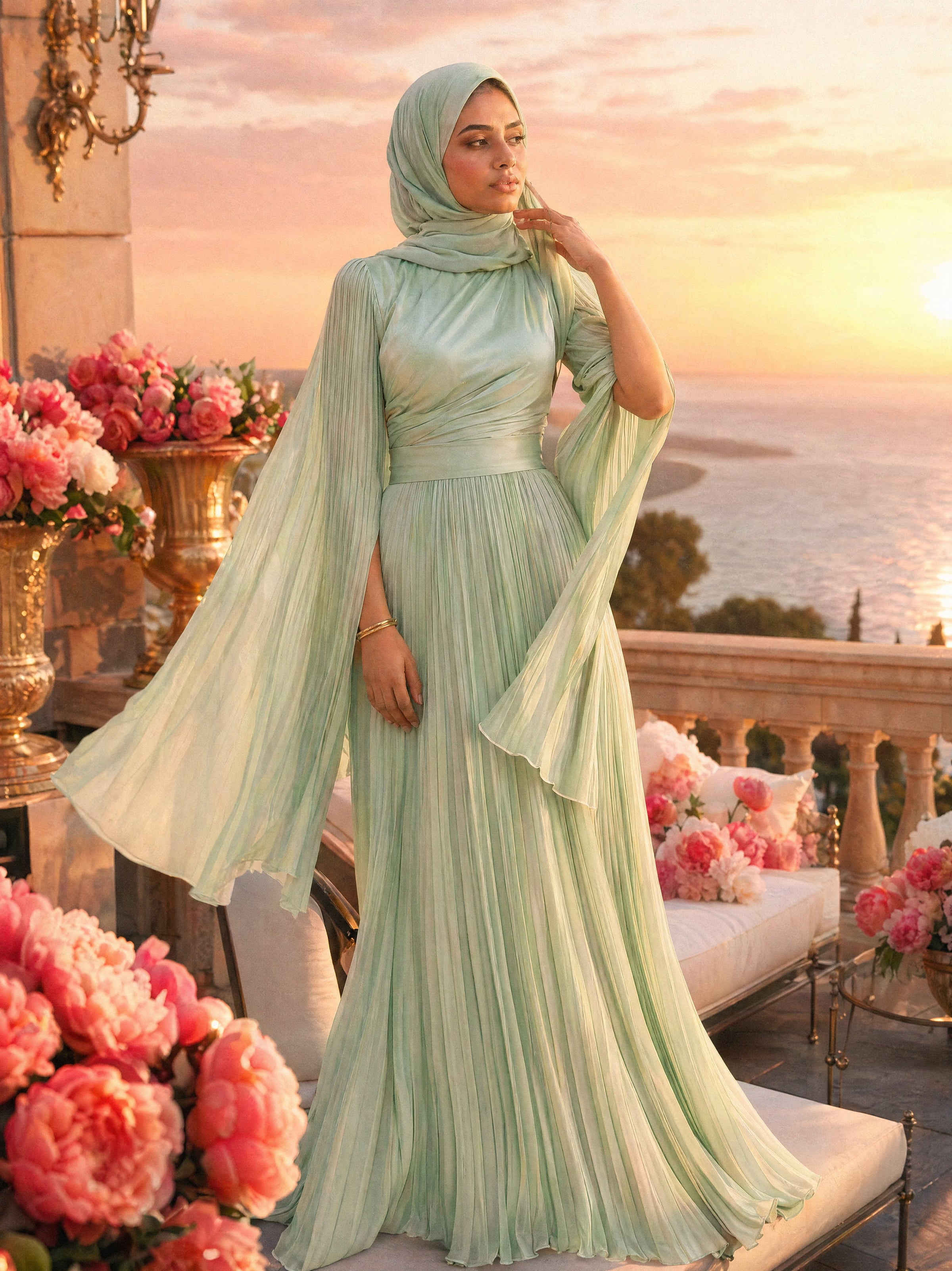 Mystic Modesty SS26— Saffira Mint pleated satin, Mediterranean rooftop terrace at warm sunset with sea horizon, modest evening wear, Vogue editorial film aesthetic