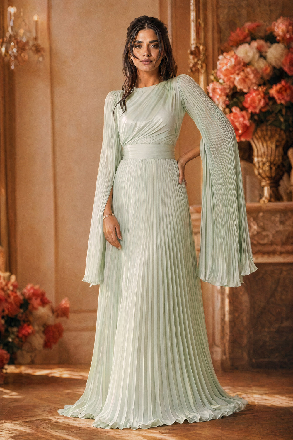 Mystic Modesty SS26— Saffira Mint pleated satin, studio portrait against cream backdrop with coral peonies, modest evening wear, Vogue editorial film aesthetic