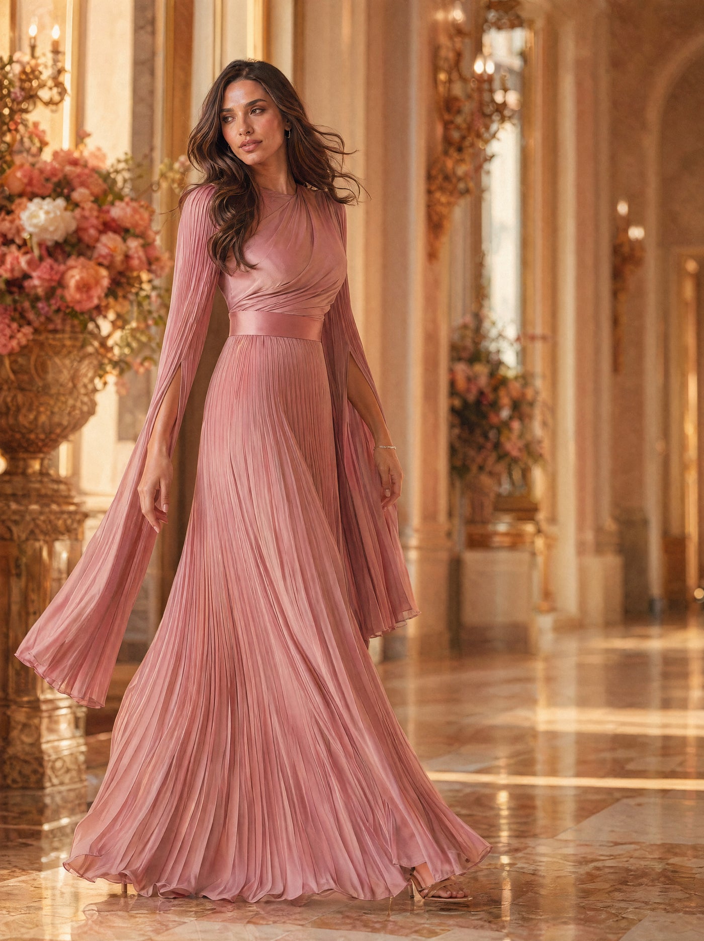 Mystic Modesty SS26— Saffira Rose pleated satin, sunlit palatial corridor mid-stride with rose-gold sconces, modest evening wear, Vogue editorial film aesthetic