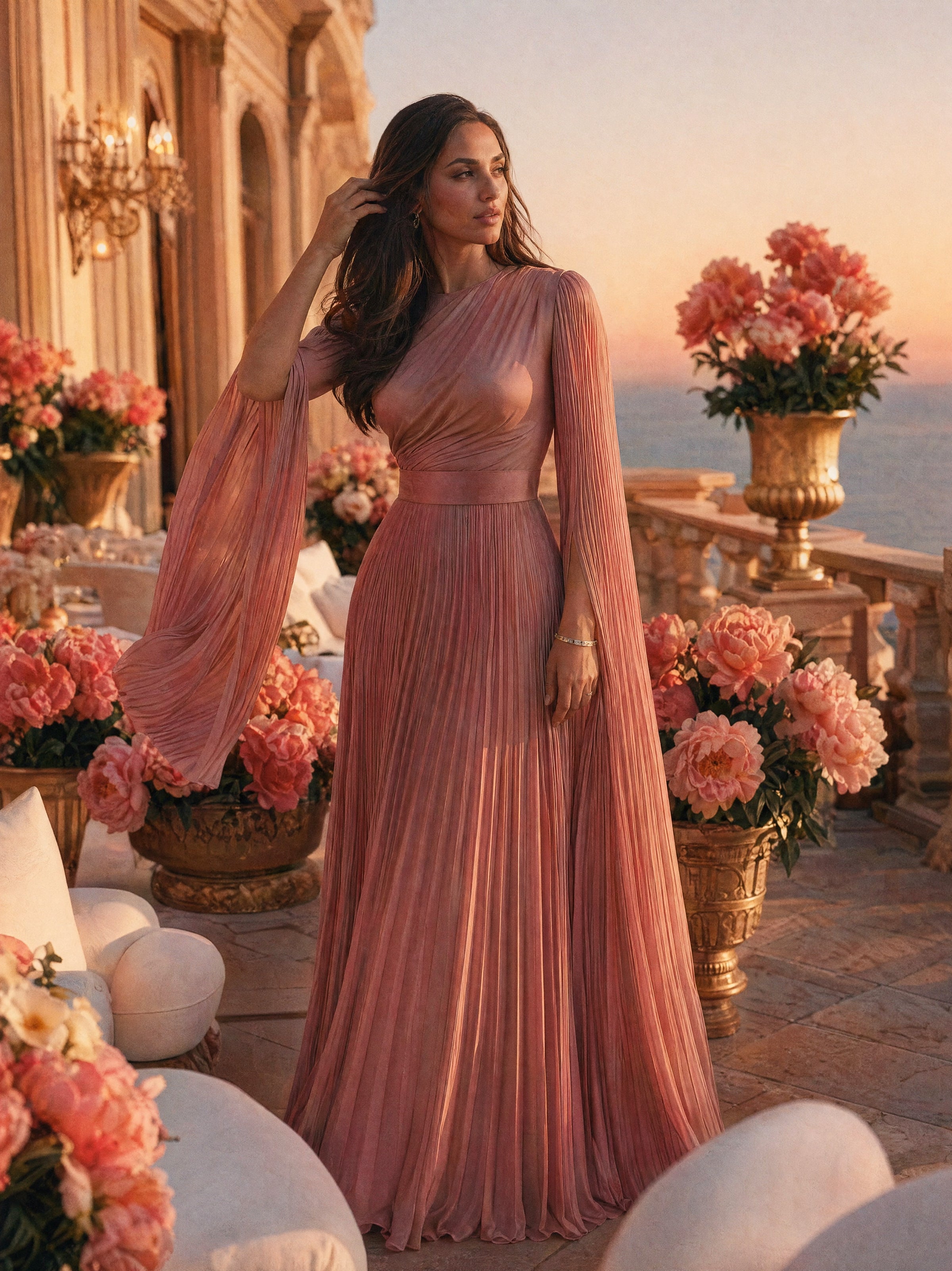 Mystic Modesty SS26— Saffira Rose pleated satin, Mediterranean rooftop terrace at warm sunset with sea horizon, modest evening wear, Vogue editorial film aesthetic