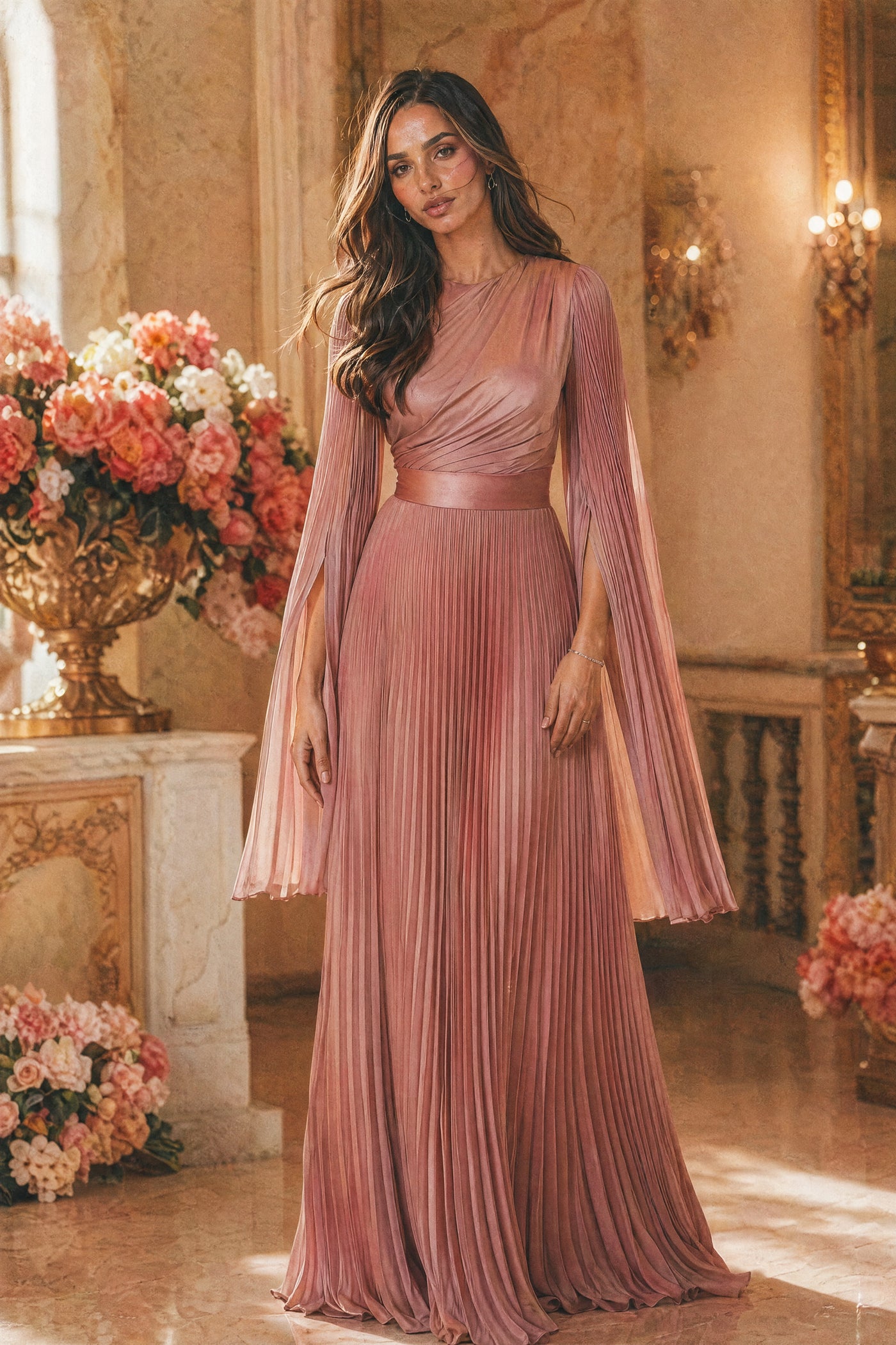 Mystic Modesty SS26— Saffira Rose pleated satin, studio portrait against cream backdrop with coral peonies, non-hijabi model, modest evening wear, Vogue editorial film aesthetic